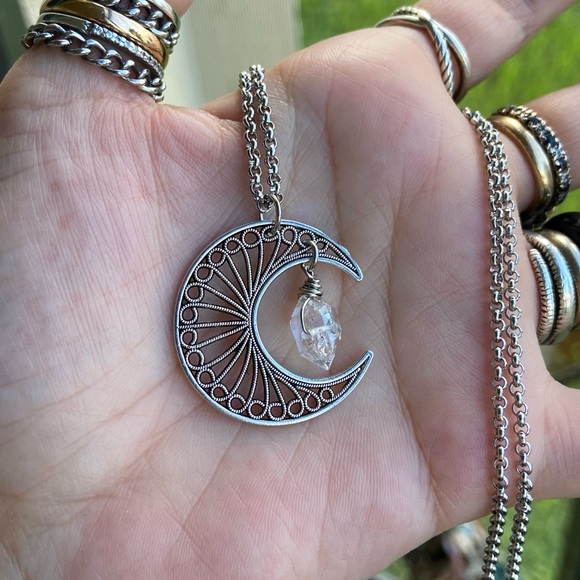 Crystal moon necklace . Boho Genuine herkimer diamond quartz crecent moon charm - Picture 11 of 14